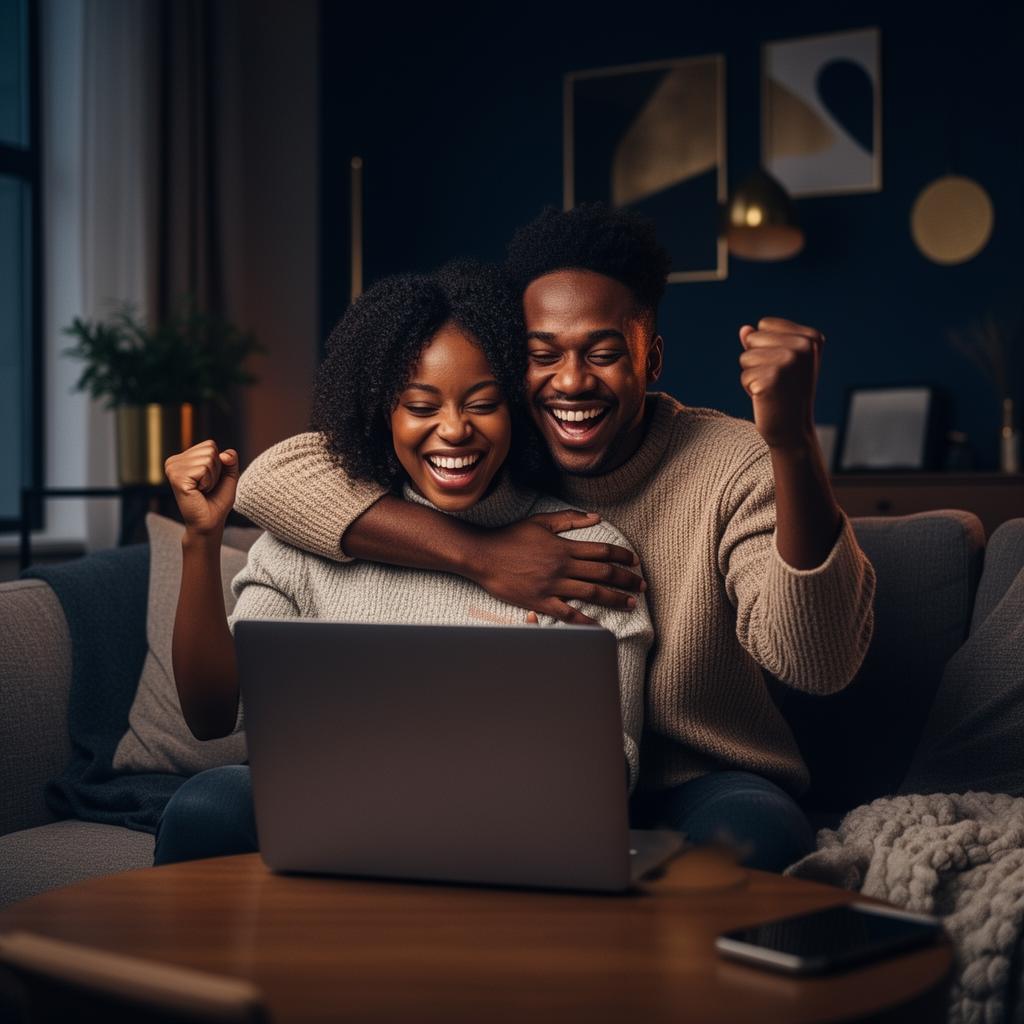 Joyful couple celebrating their improved credit score together at home